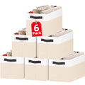 Rectangular storage bins set of 6 in white and beige with black handle straps