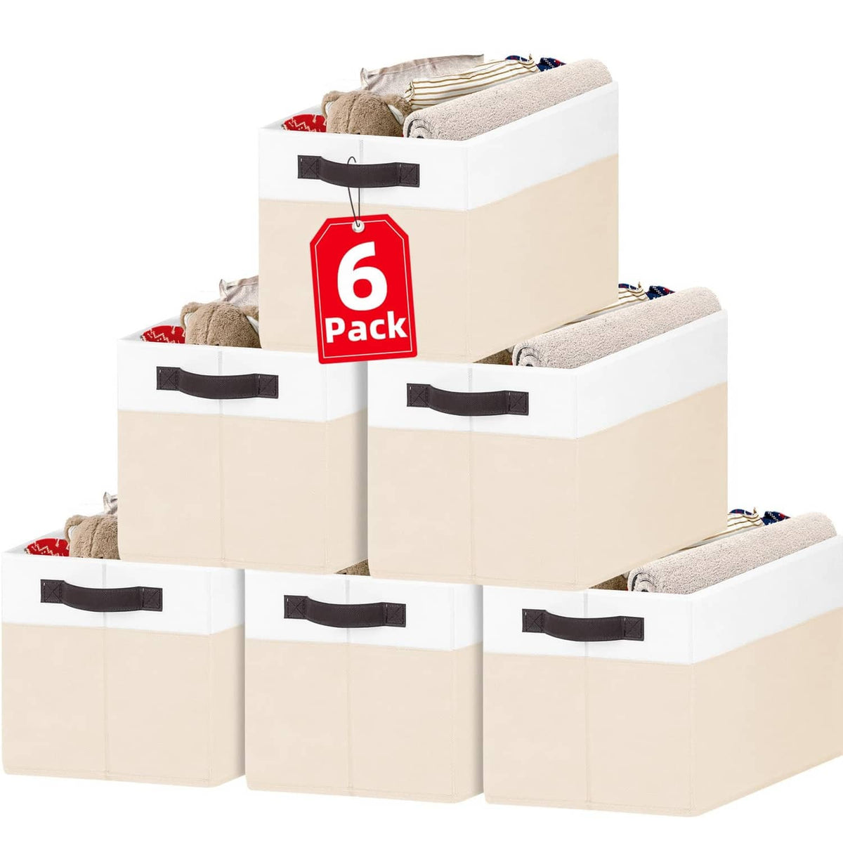 Rectangular storage bins set of 6 in white and beige with black handle straps