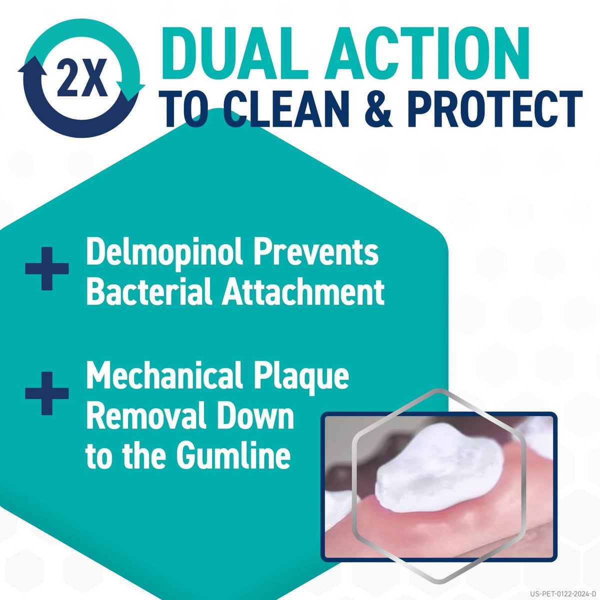 Dog chew features graphic showing a mint-green chew and callouts for cleaning and protection