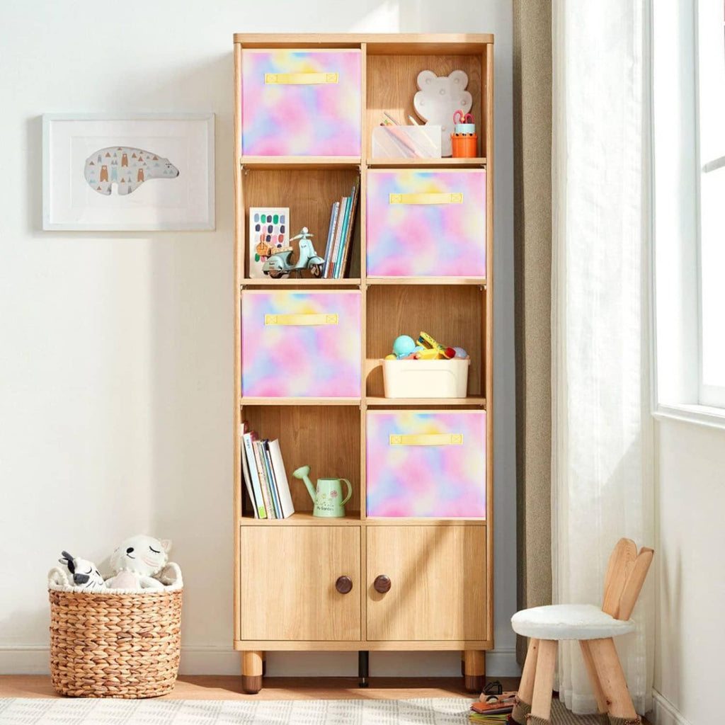 Foldable tie-dye fabric cube storage bins in a built-in shelf organizer