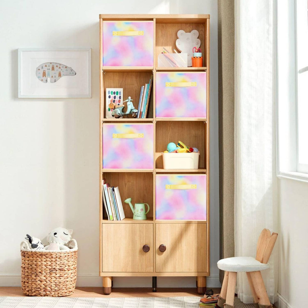 Foldable tie-dye fabric cube storage bins in a built-in shelf organizer