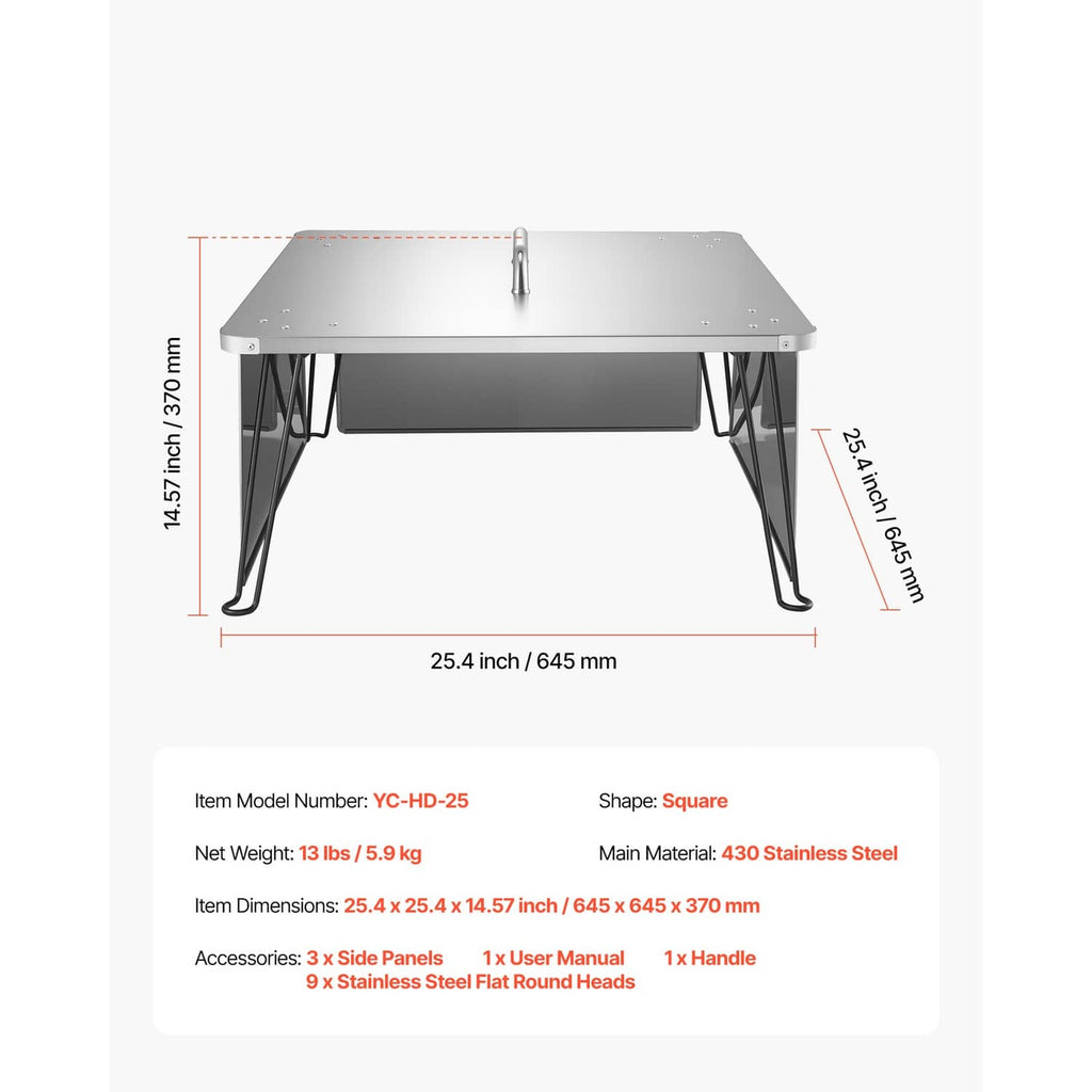 Square stainless steel fire pit heat deflector plate with dimensions shown