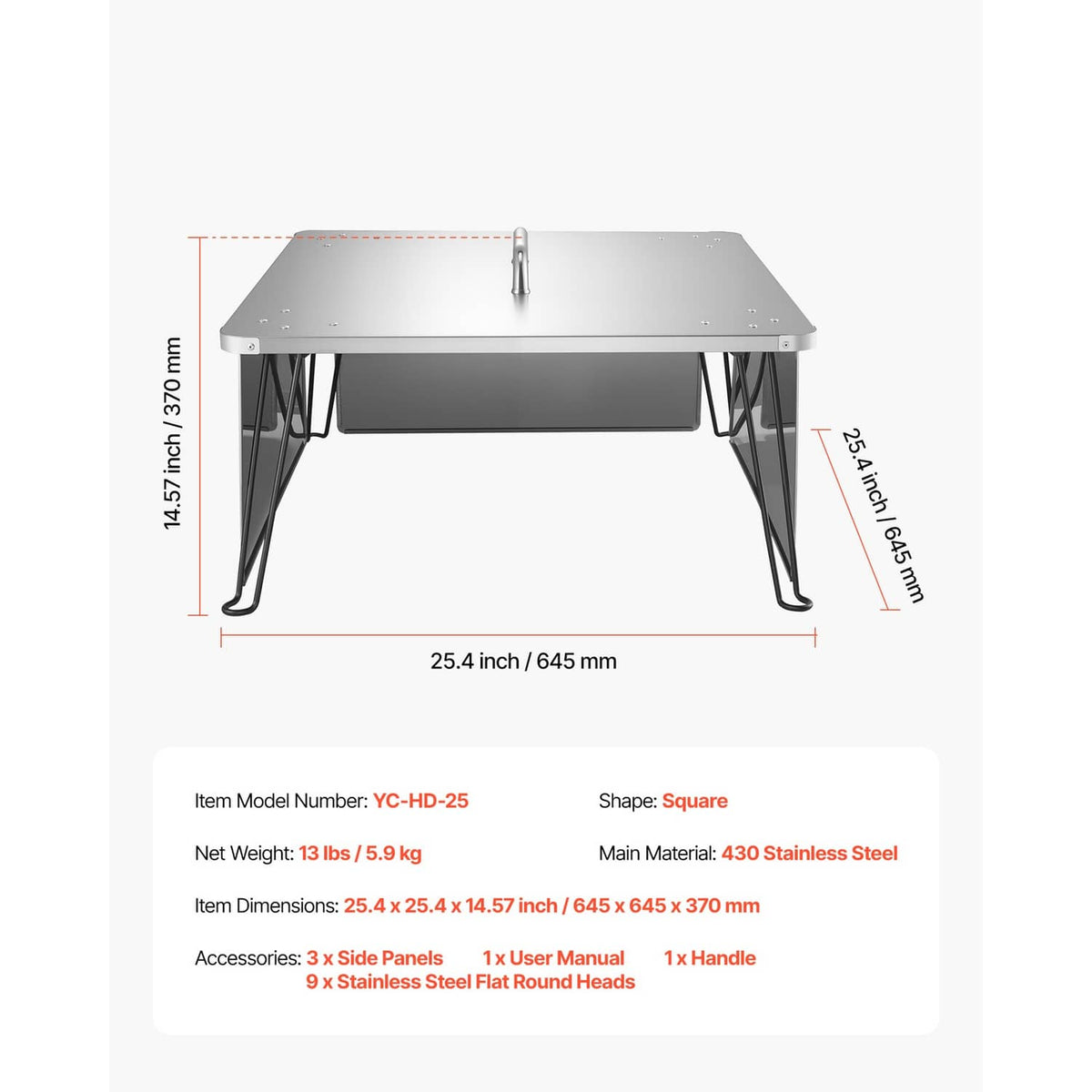 Square stainless steel fire pit heat deflector plate with dimensions shown