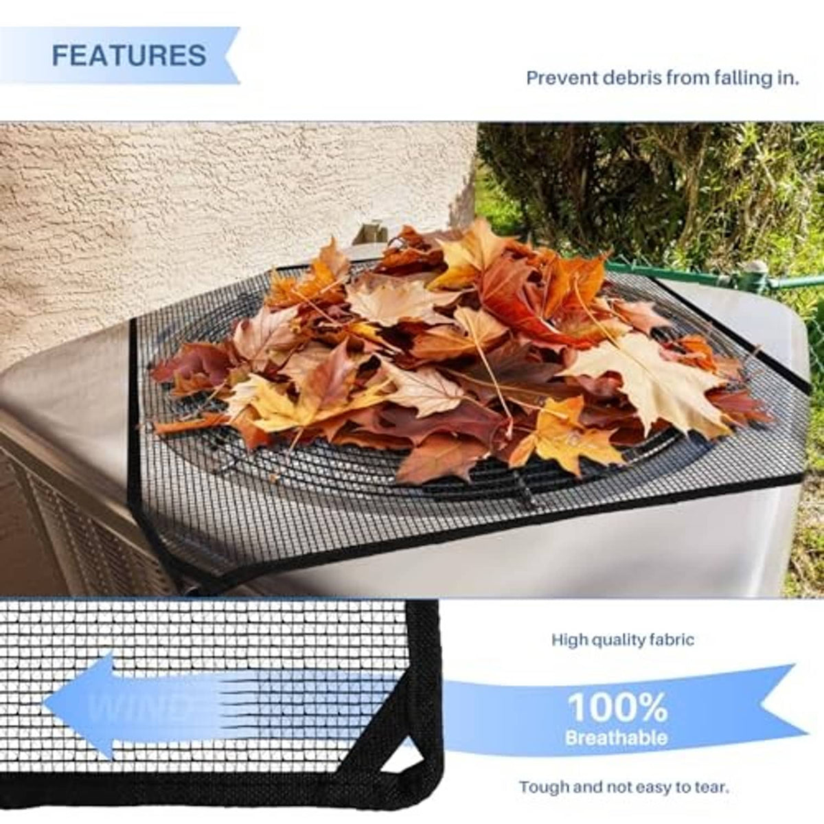 Outdoor AC unit cover with black mesh top holding leaves on top