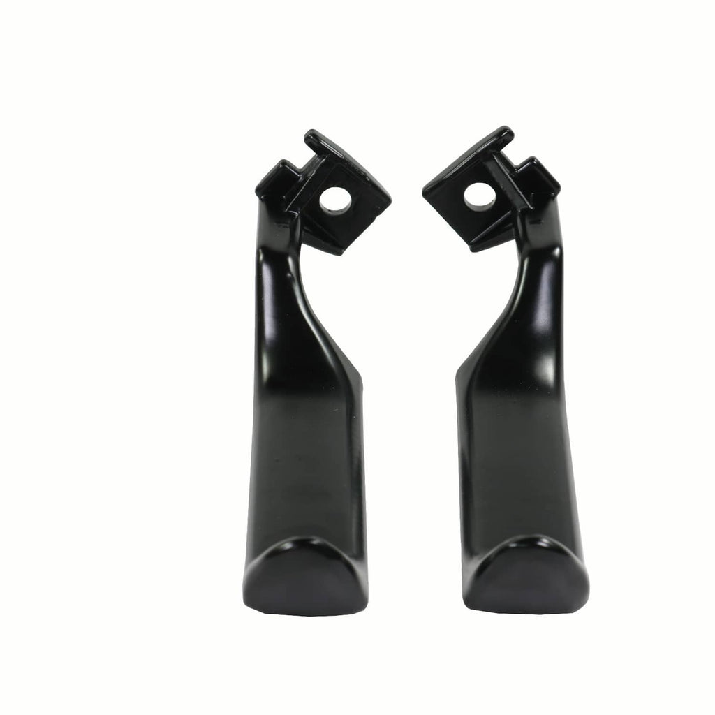 Two black interior door handles with mounting brackets and circular fastener holes