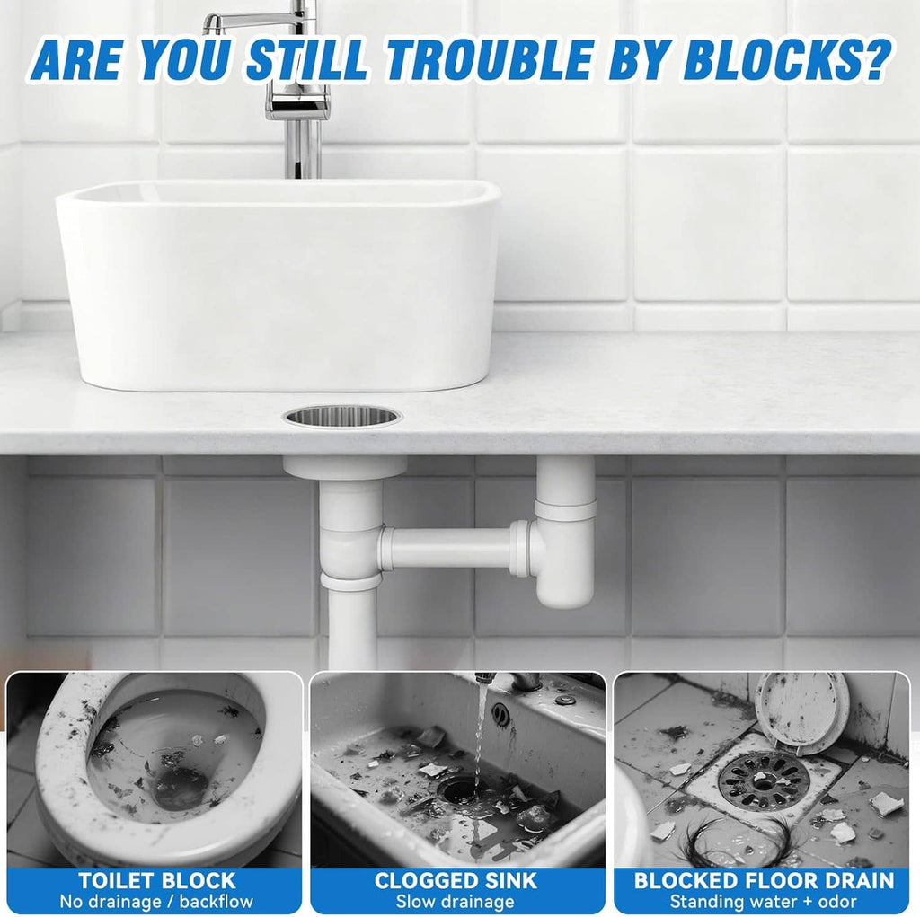 Bathroom plumbing and drain clog infographic with toilet, sink, and floor drain views