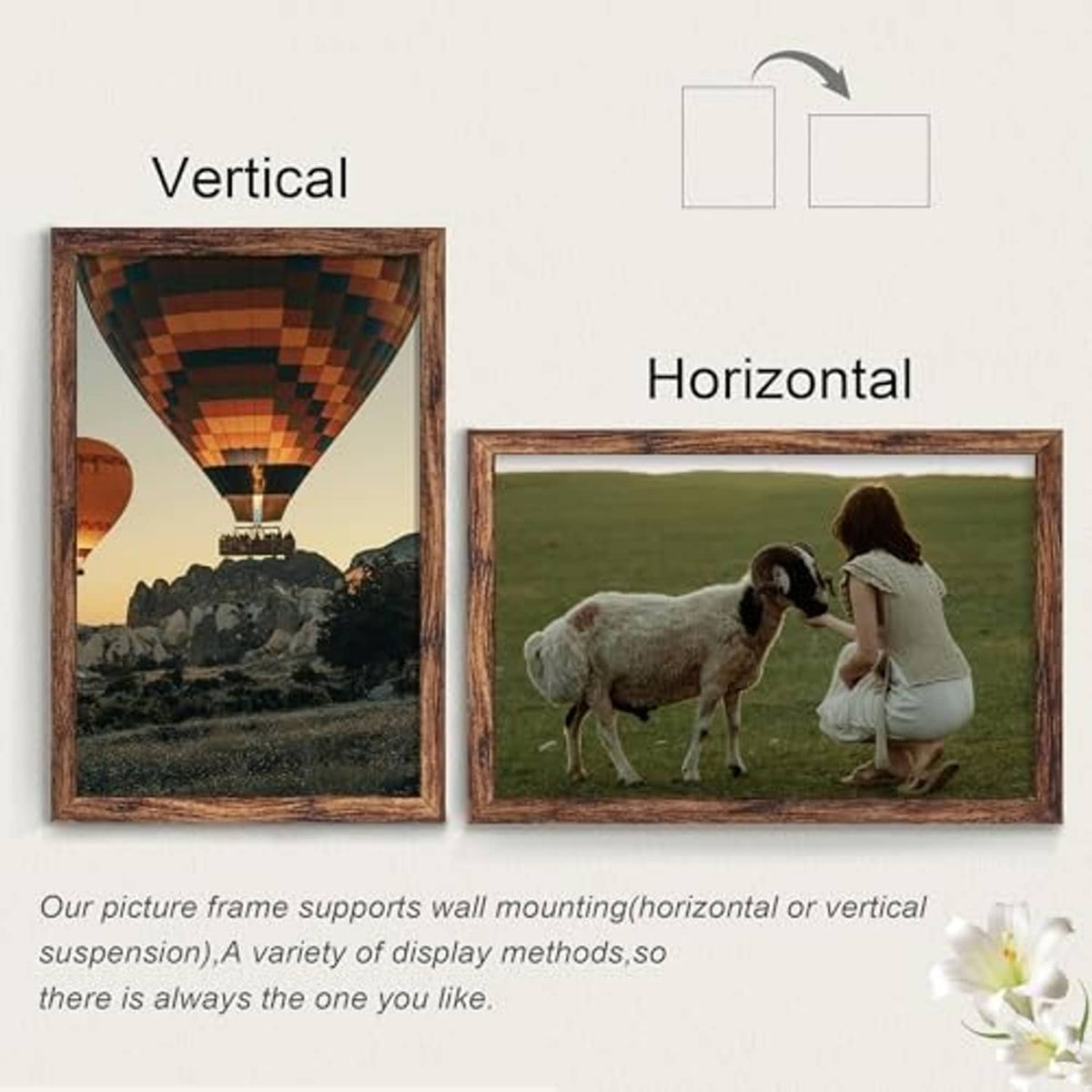 Brown picture frame showing both vertical and horizontal display orientation