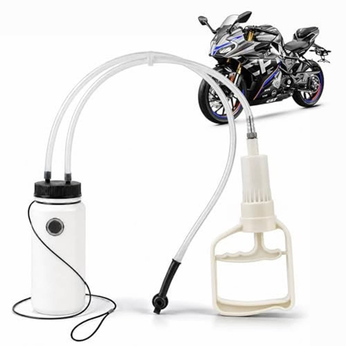 Brake bleeder bottle kit with 400ml white reservoir, clear tubing, and manual vacuum pump for motorcycles