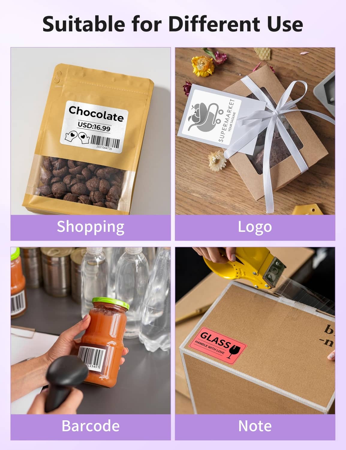 4x6 thermal shipping label samples: shopping, logo, barcode, and note