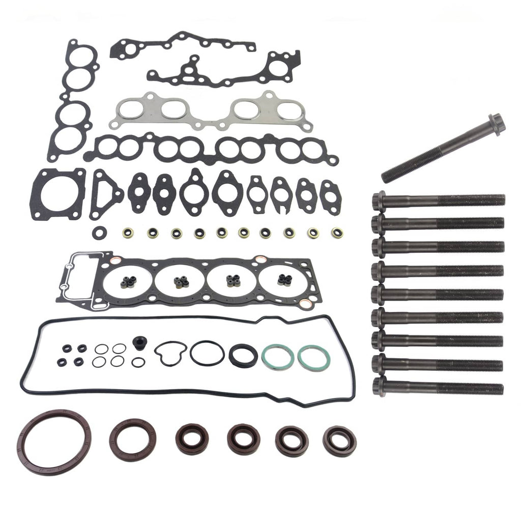 Engine head gasket set with bolts: multiple gaskets, seals, and threaded bolts kit.