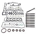 Engine head gasket set with bolts: multiple gaskets, seals, and threaded bolts kit.