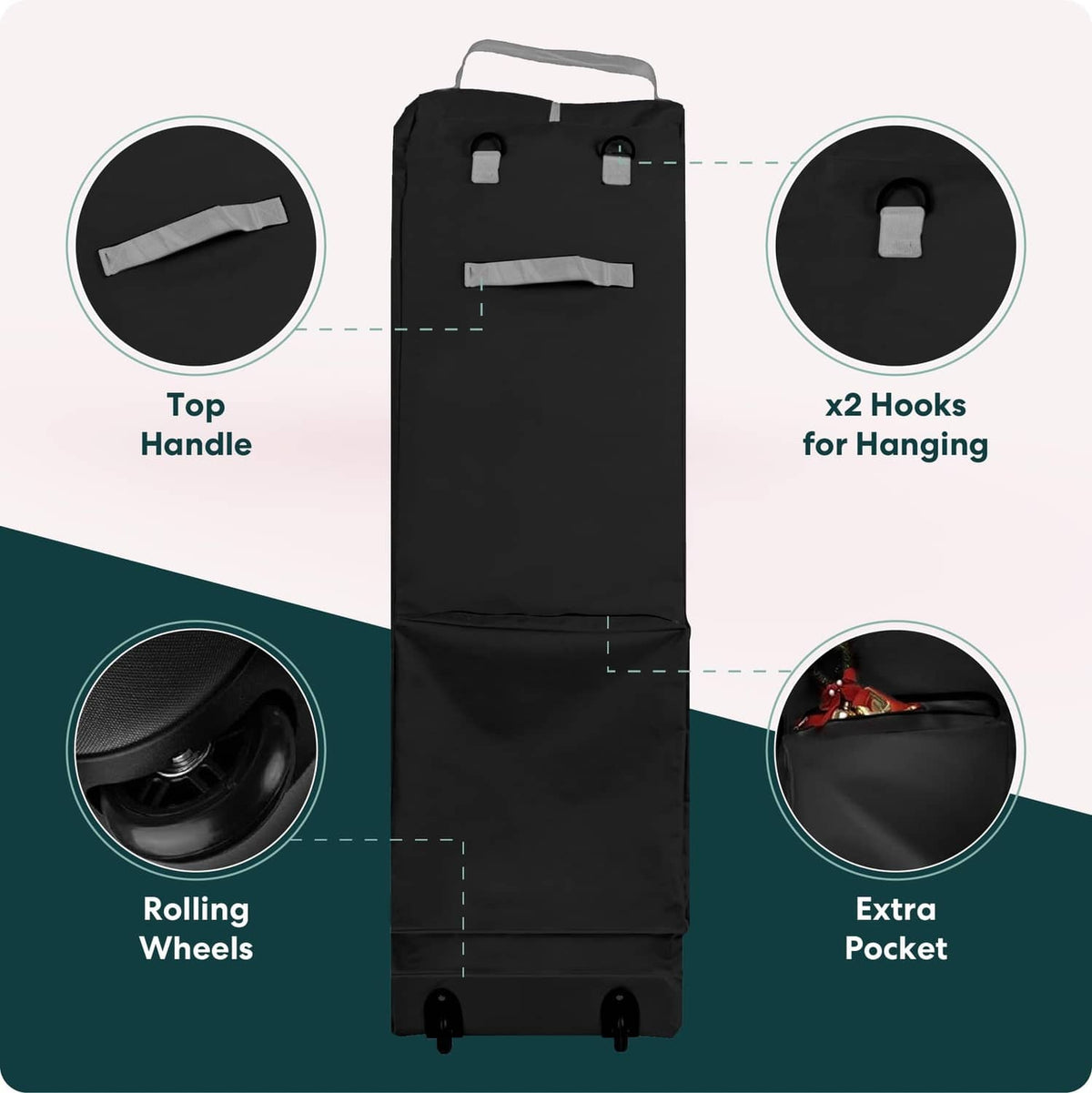 Black storage cover with top handle, side hooks, extra pocket, and rolling wheels