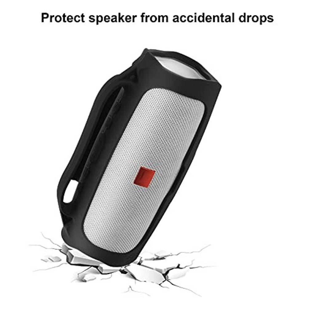 Silicone portable speaker case angled view with gray mesh front inside black bumper