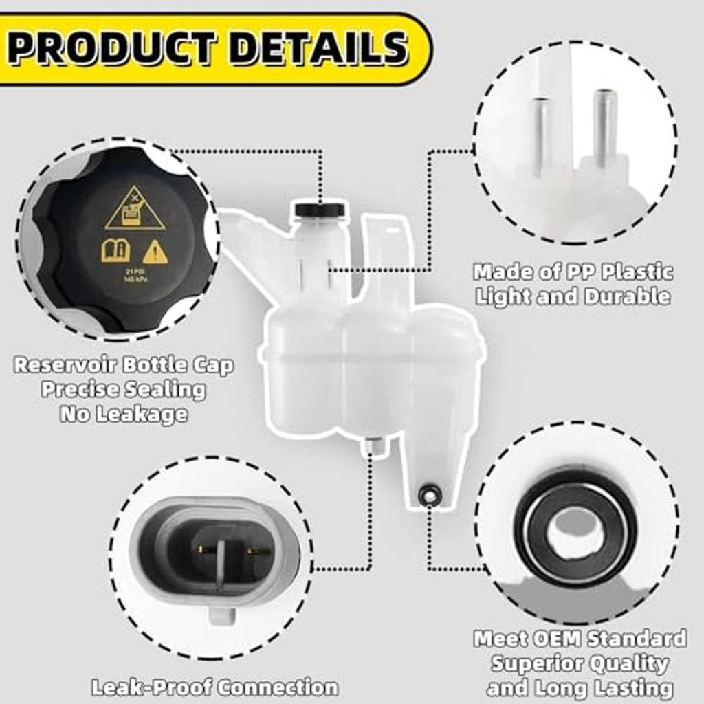 White coolant reservoir tank with black cap opening and leak-proof outlet