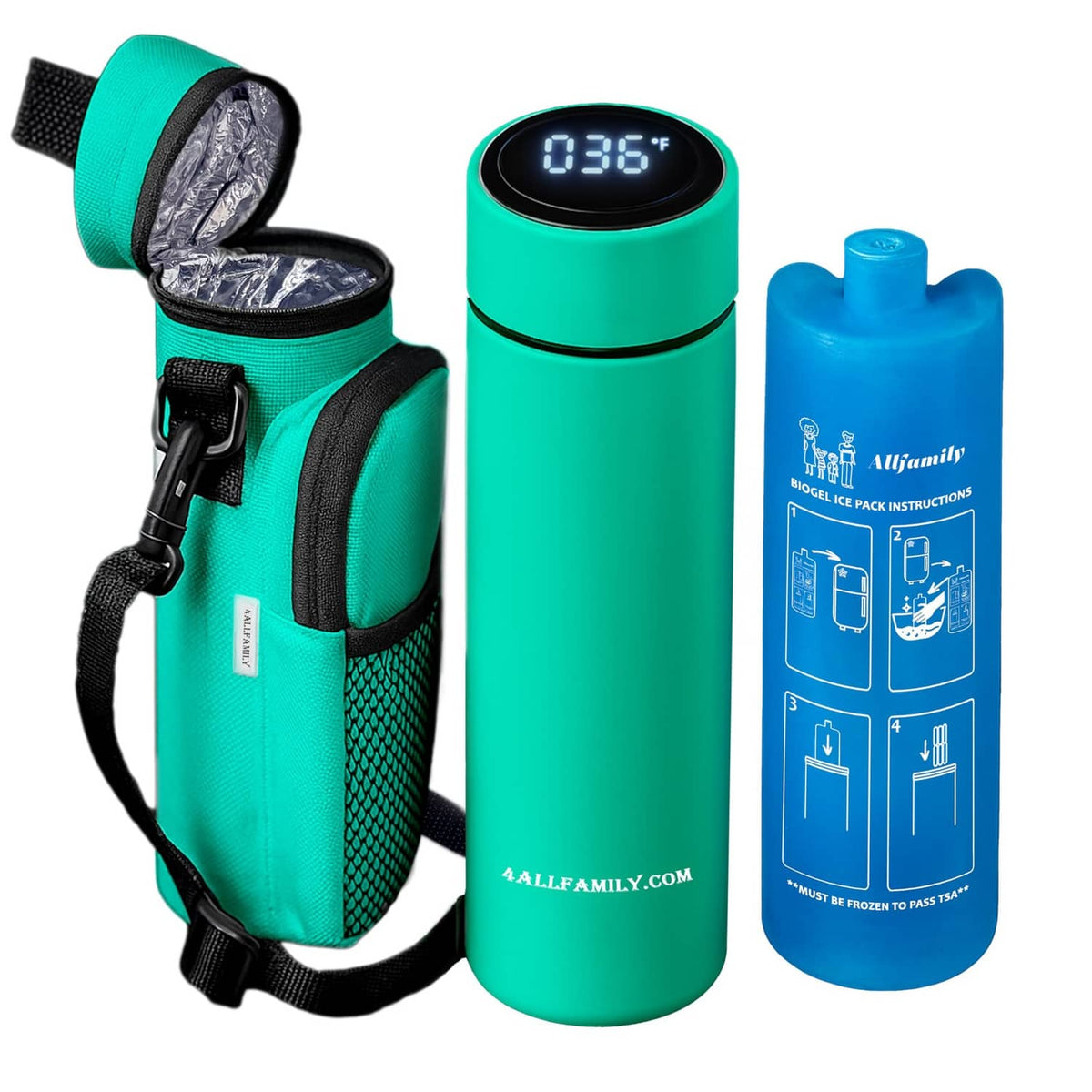 Turquoise insulin cooler bottle with open travel pouch and blue ice pack