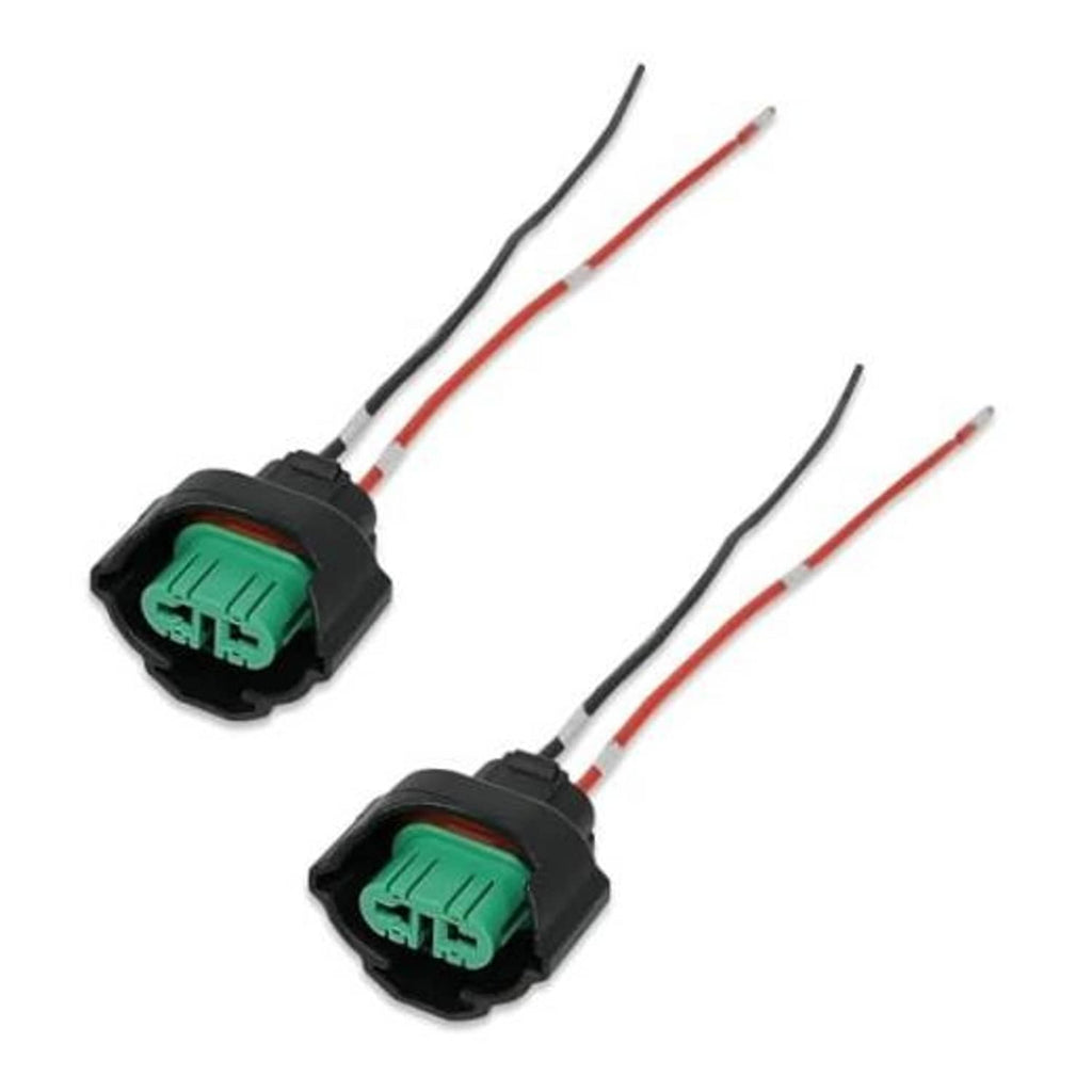 2-pack female fog light wiring harness connectors, black housings, green terminals, red/black wires