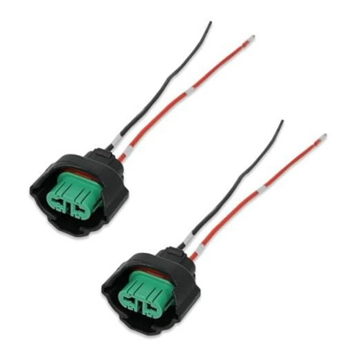 2-pack female fog light wiring harness connectors, black housings, green terminals, red/black wires