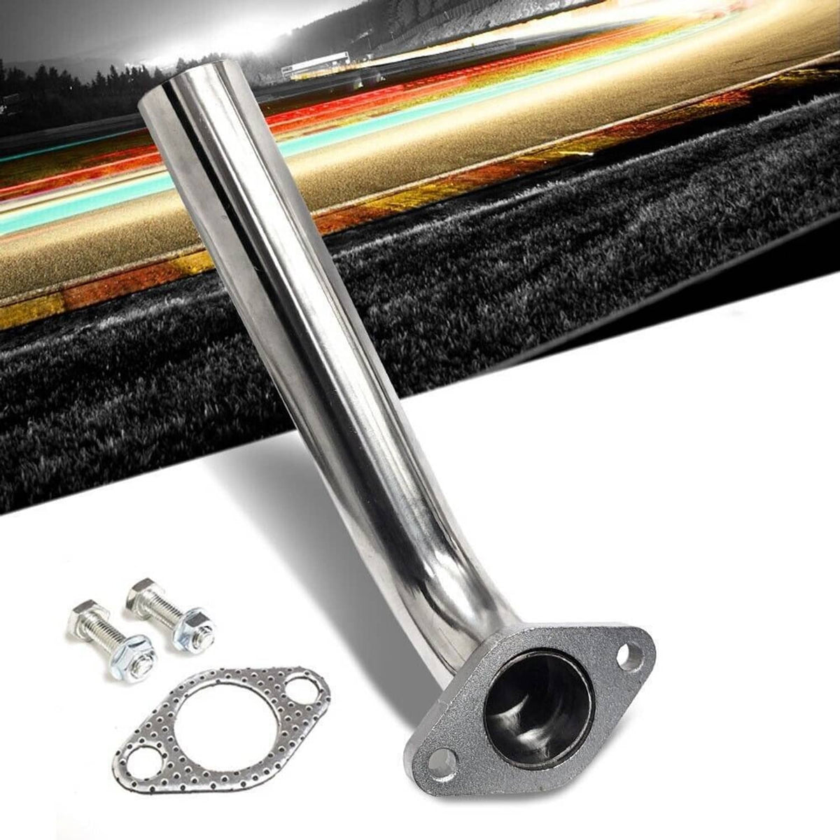 Stainless steel wastegate dump tube with flange, gasket, and bolts (all parts shown)