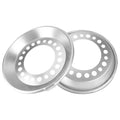 Set of two silver steel wheel balancers with circular vent holes