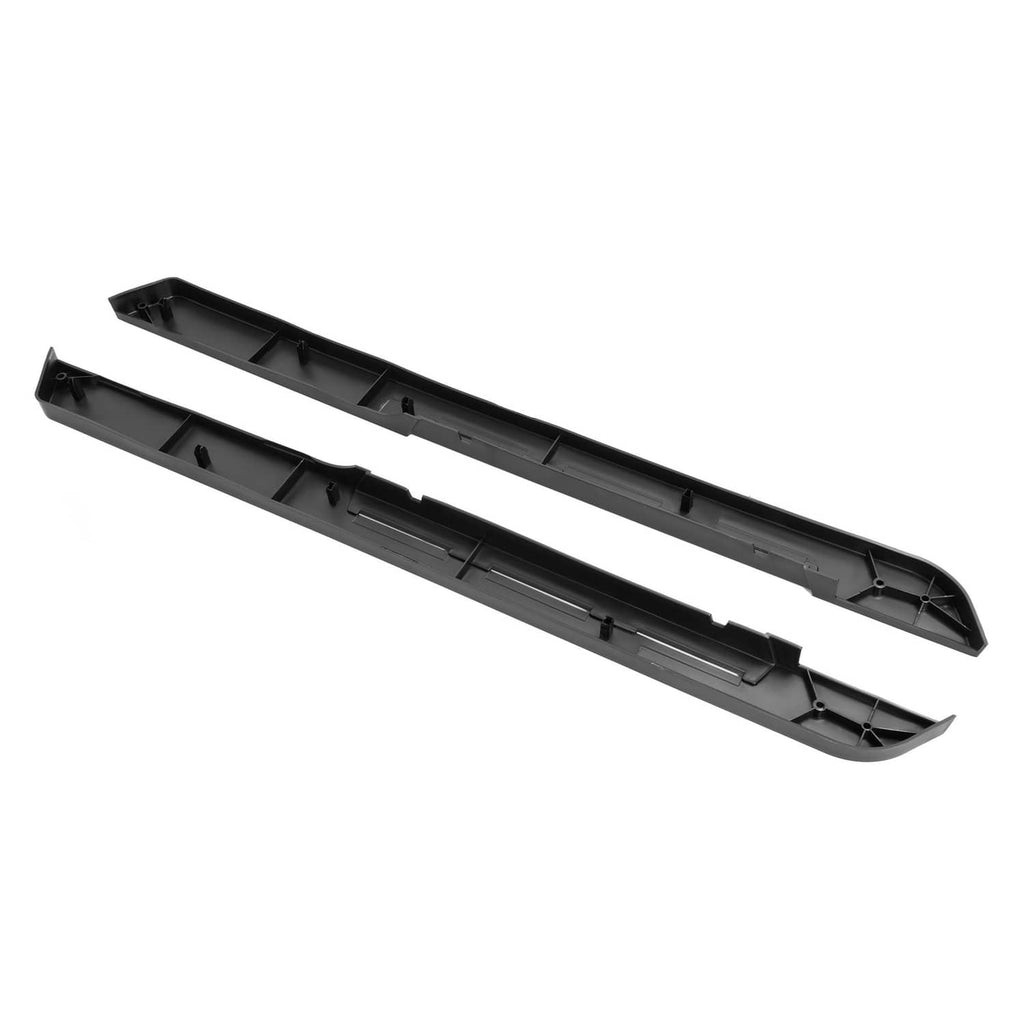 Black rocker panel set, underside view with ribs, vents, and mounting clip points