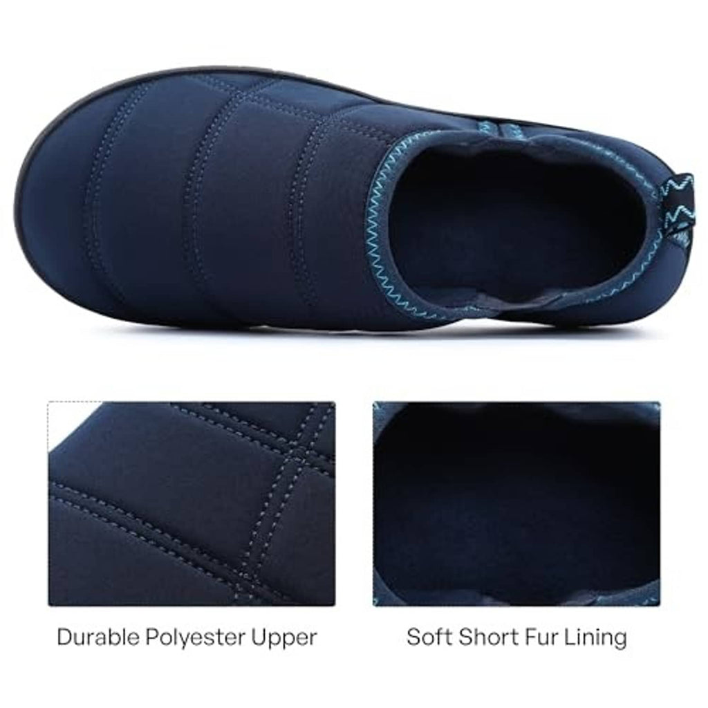 Blue closed-toe slip-on slipper with dark lining and durable stitched upper