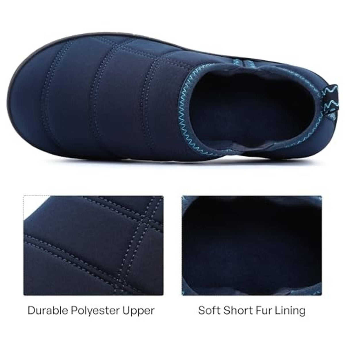 Blue closed-toe slip-on slipper with dark lining and durable stitched upper