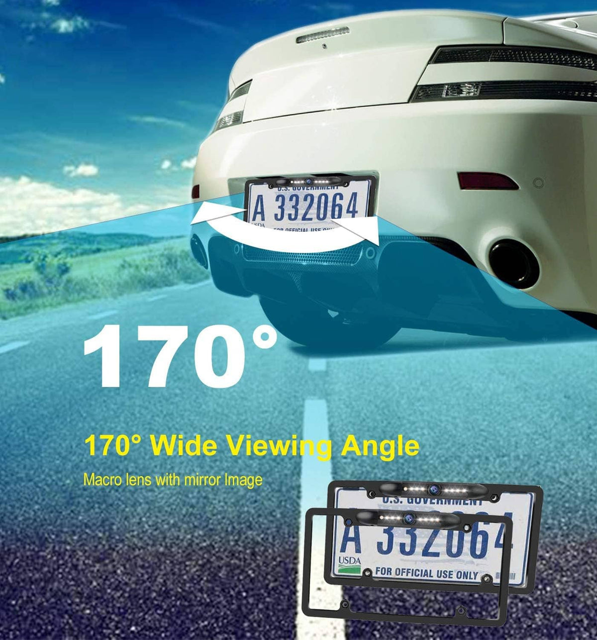170° wide-angle license plate backup camera with rear-view lens