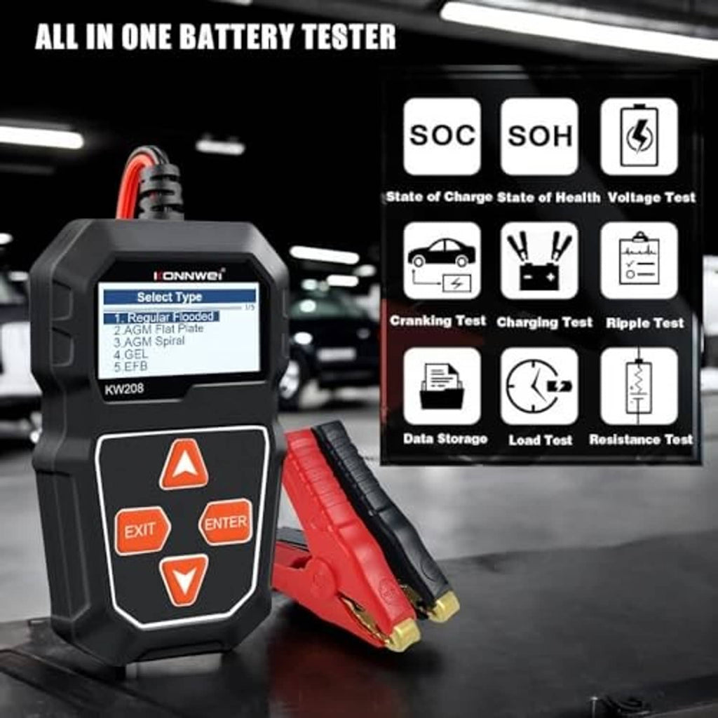 KONNWEI KW208 car battery tester with SOC/SOH, charging, and load test icons