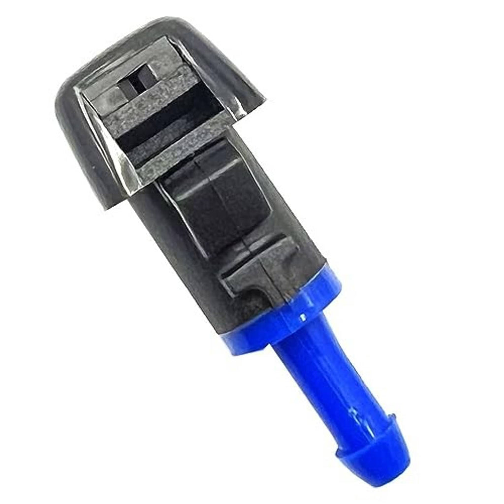 Windshield washer nozzle, angled view, black housing and blue outlet tube