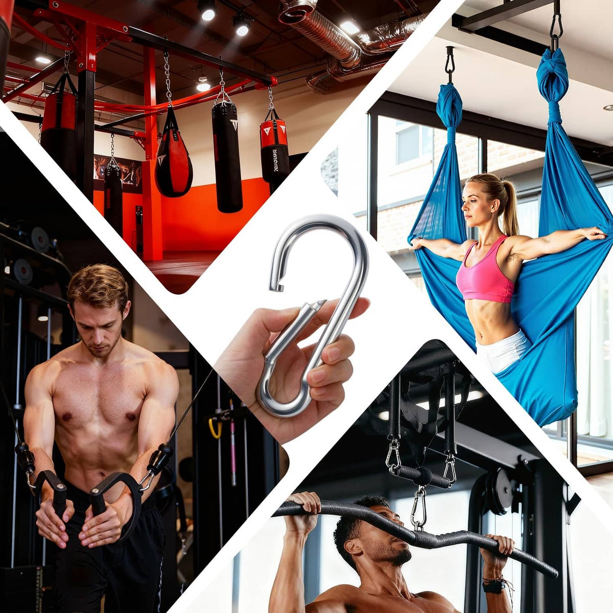 Hand holding a silver spring snap hook carabiner for fitness equipment connection