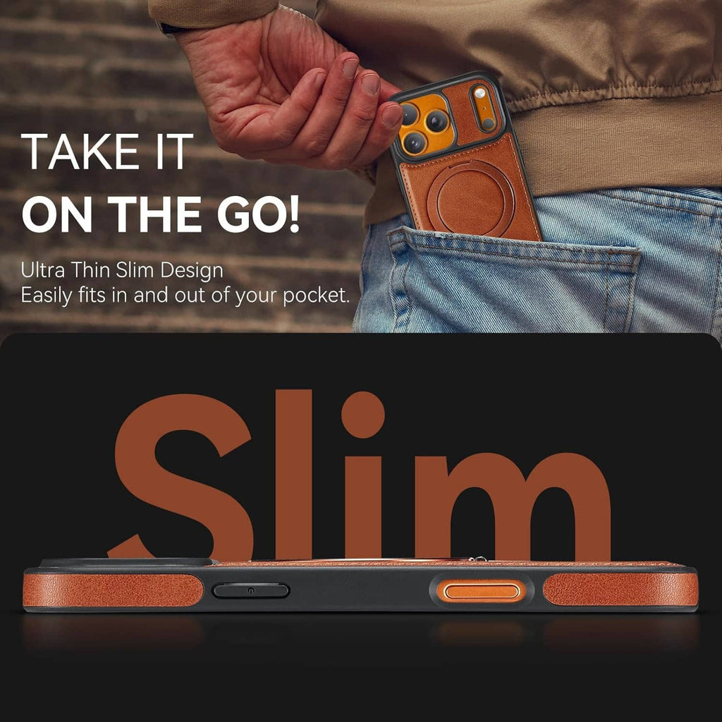 Slim brown PU leather-look iPhone 17 Pro case with ring stand for pocket carry