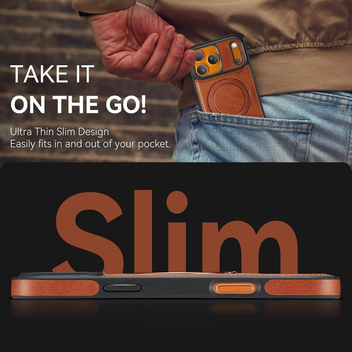Slim brown PU leather-look iPhone 17 Pro case with ring stand for pocket carry