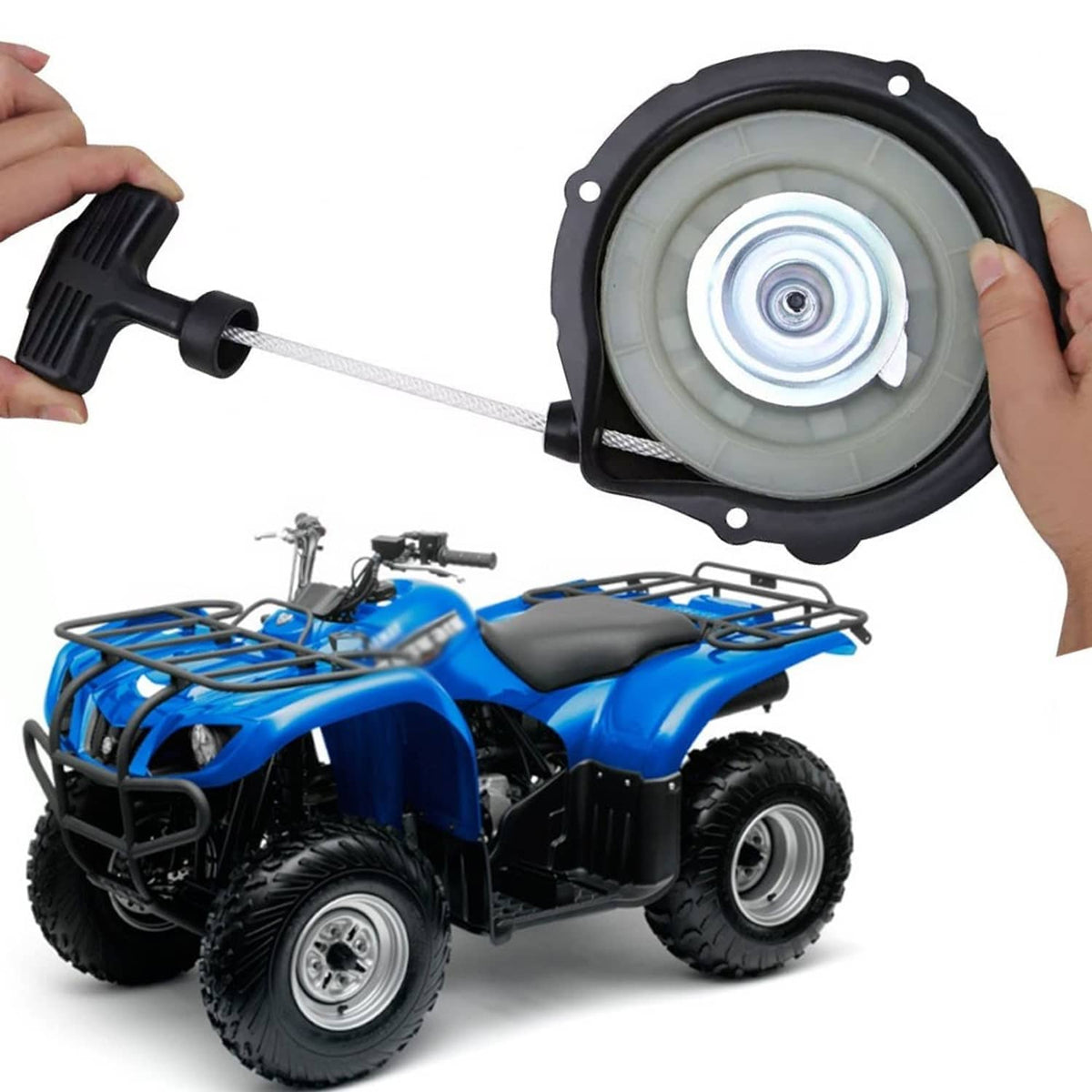 Recoil starter pull start kit with black housing, light recoil pulley, and starter rope
