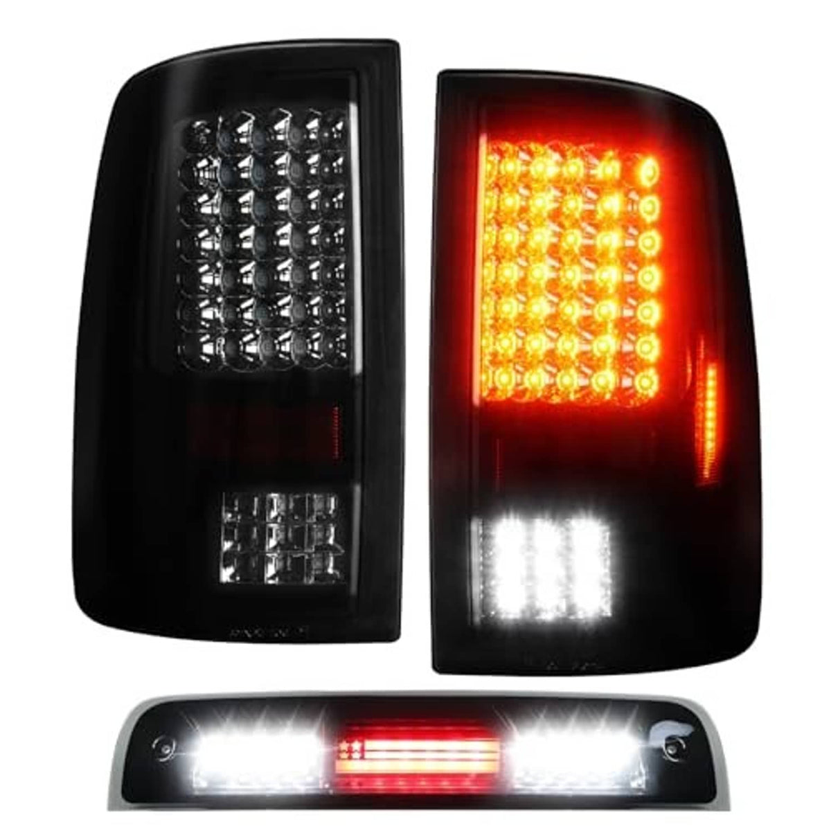 LED tail light pair with black housings showing red lens and white light bar