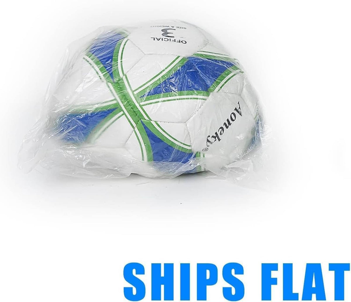 Soccer ball in clear bag, white with blue and lime-green stripe panel design