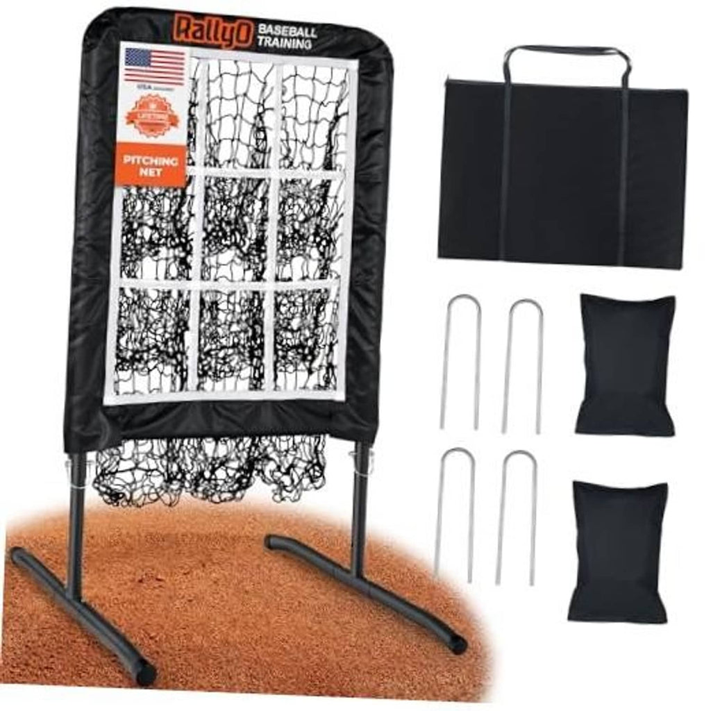 Baseball pitching strike training net with black frame and white target grid