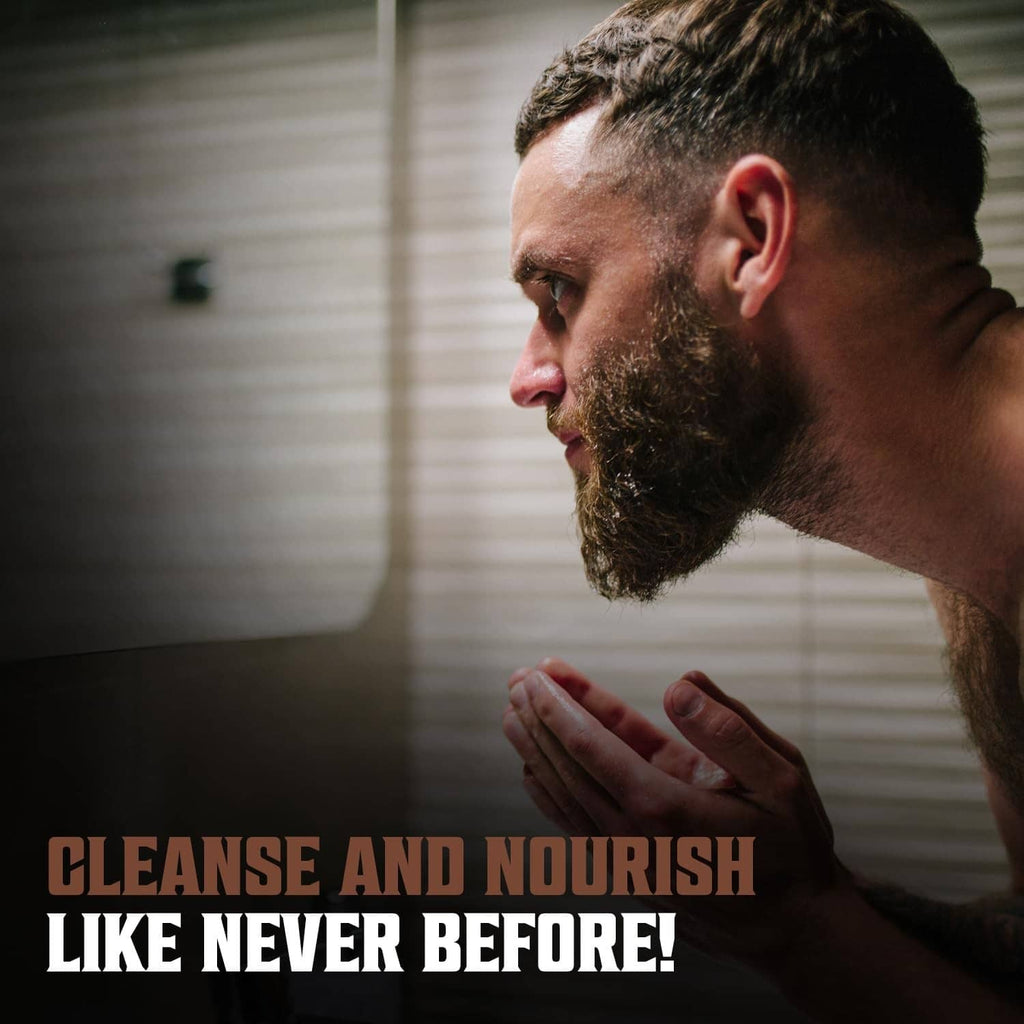 Bearded man applying beard care; Viking Revolution beard wash concept