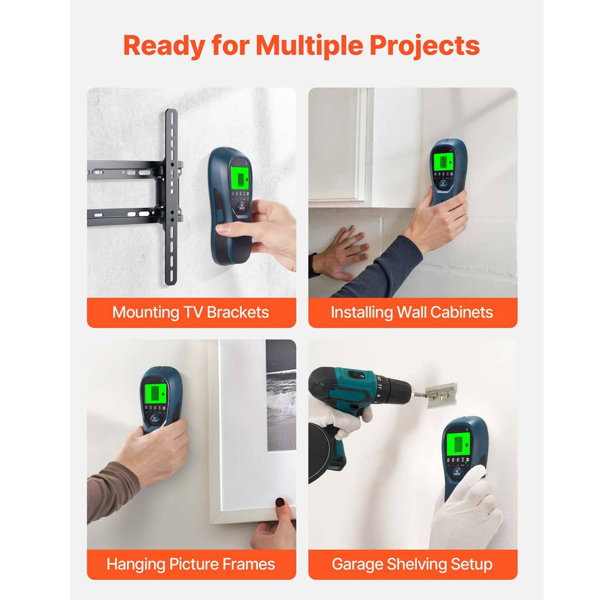 Blue electronic wall scanner in use in hand, green LCD showing target position