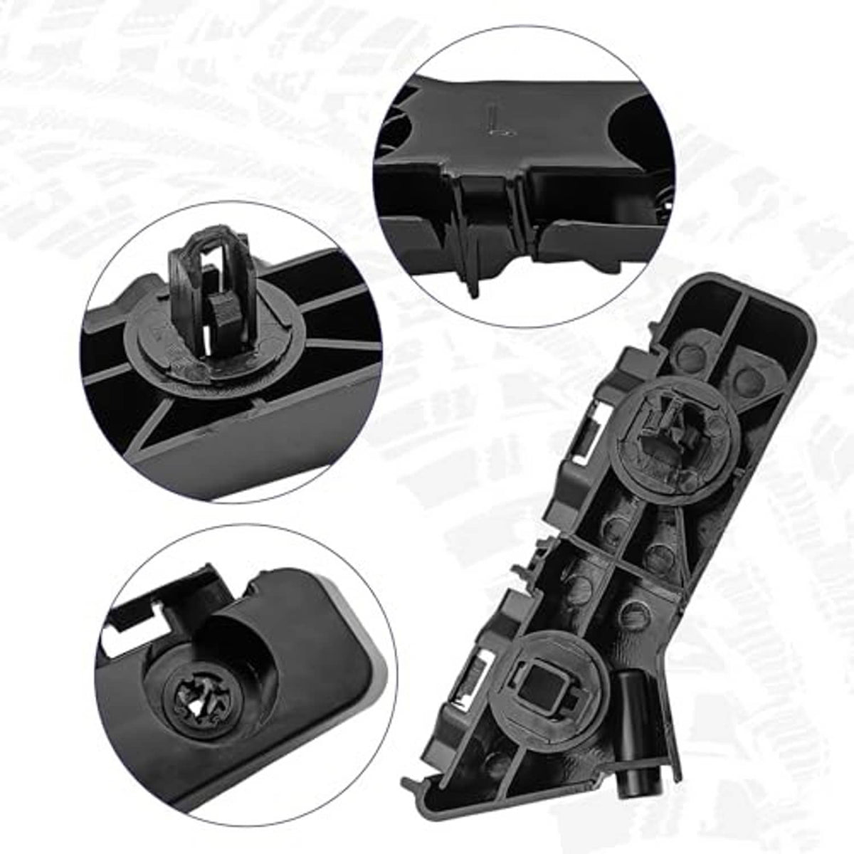 Black bumper bracket with hinge and mounting tabs, close-up detail view.