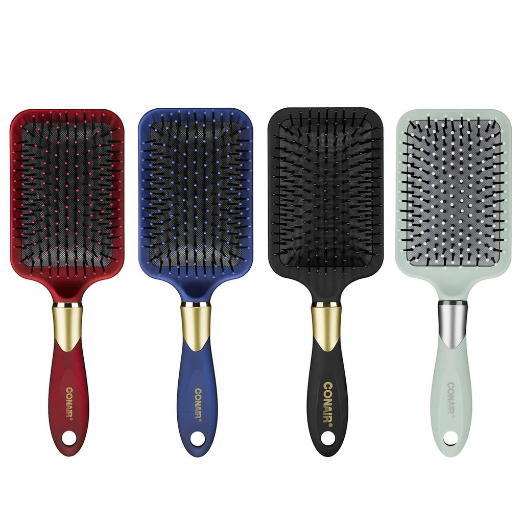 Paddle hair brush set with velvet touch cushion base and nylon bristles, assorted colors