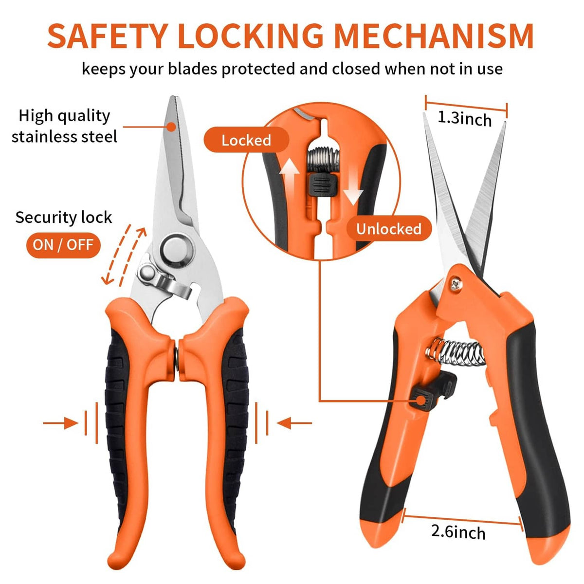 Pruning shears with orange handle, black grip, stainless blade and safety locking mechanism