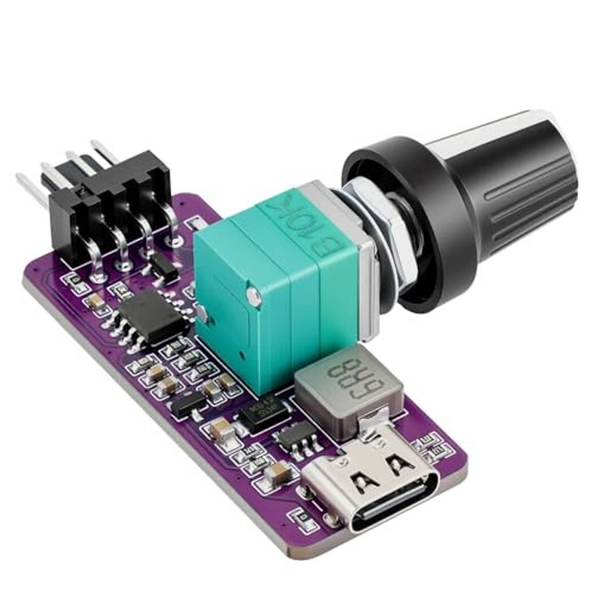 PWM fan speed adapter controller with black dial, teal block, purple circuit board, pin header