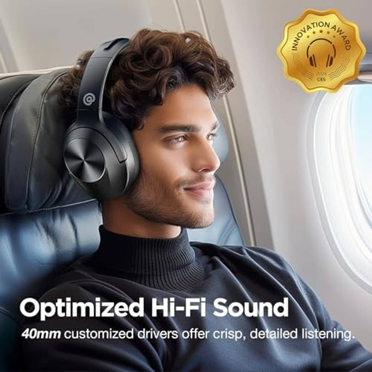 Black over-ear headphones on person, round earcup and padded headband