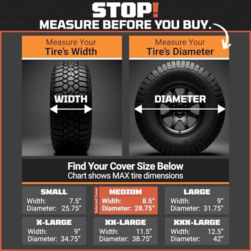 Tire cover sizing chart showing measure width and diameter for Medium
