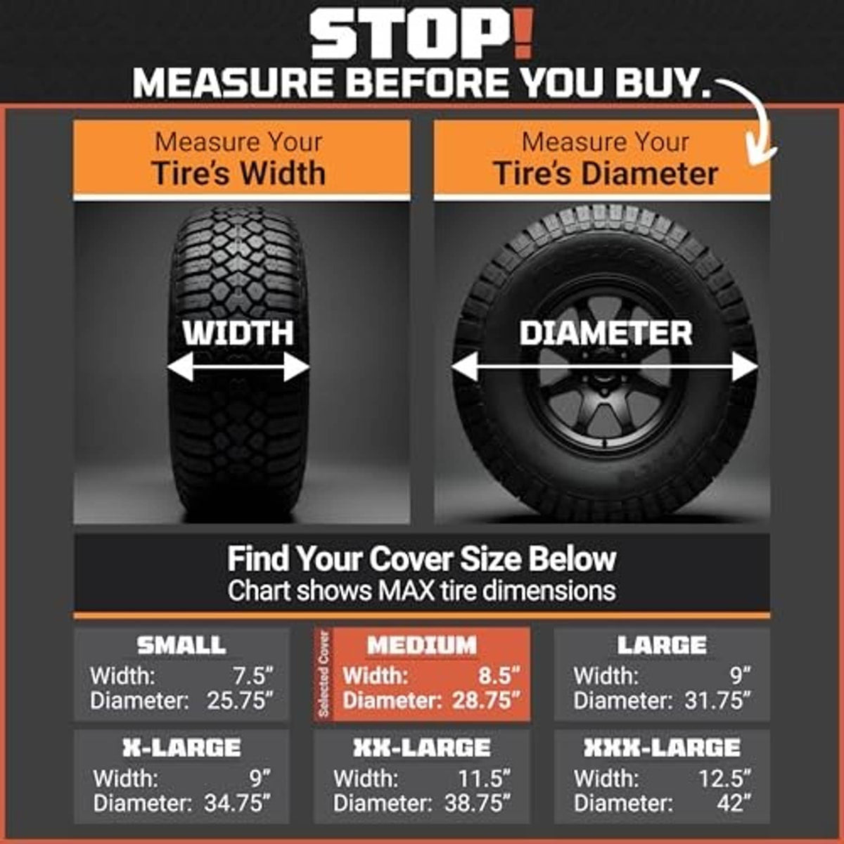 Tire cover sizing chart showing measure width and diameter for Medium
