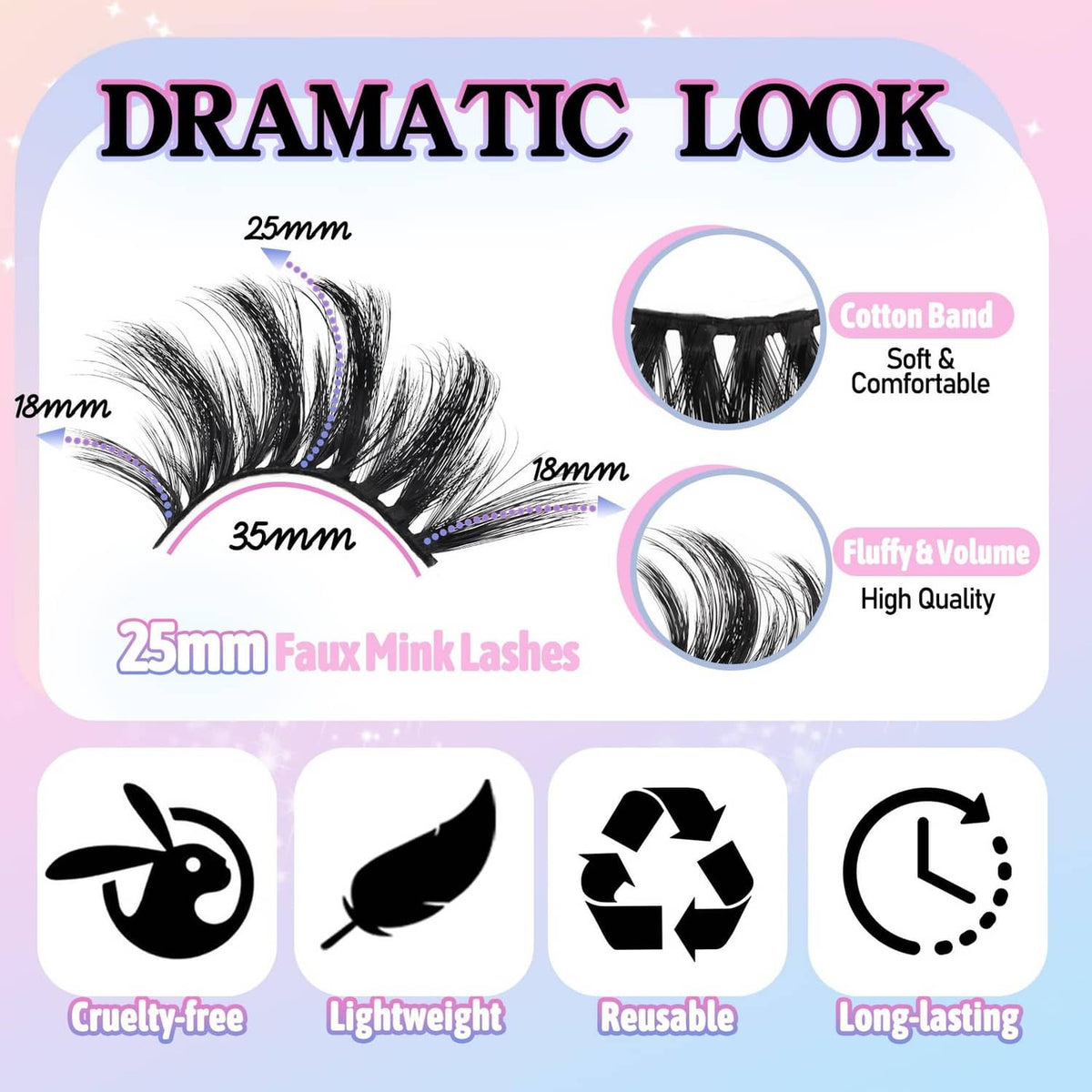Faux mink eyelash packaging showing dramatic 25mm lash style and length diagram