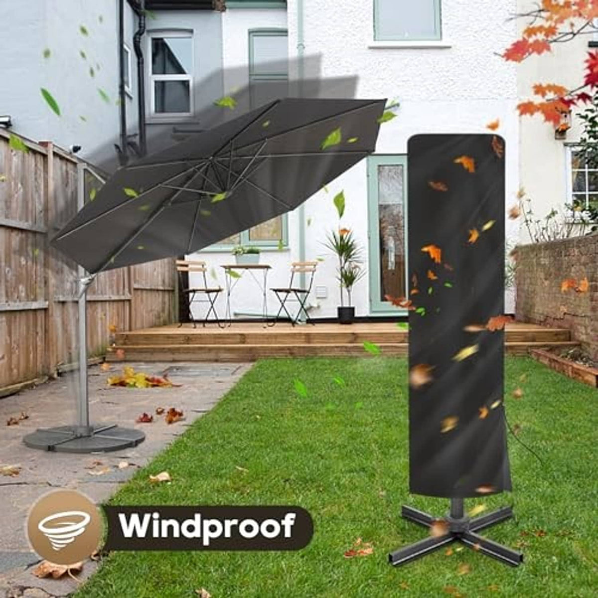 Black offset umbrella cover on outdoor patio with windproof design