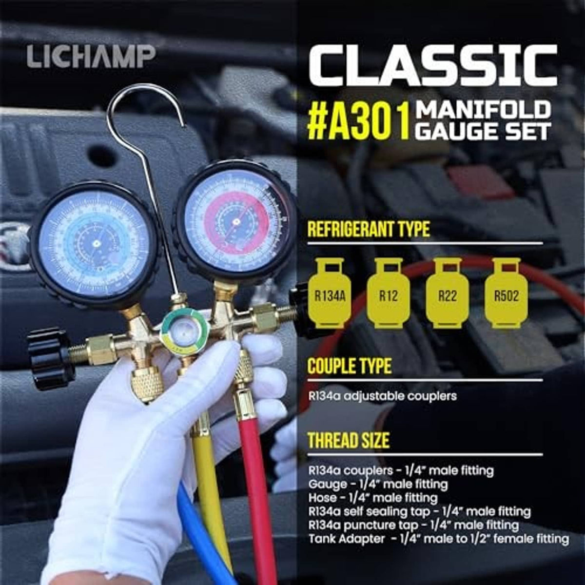 A/C manifold gauge set with two gauges, brass couplers, and color-coded hoses