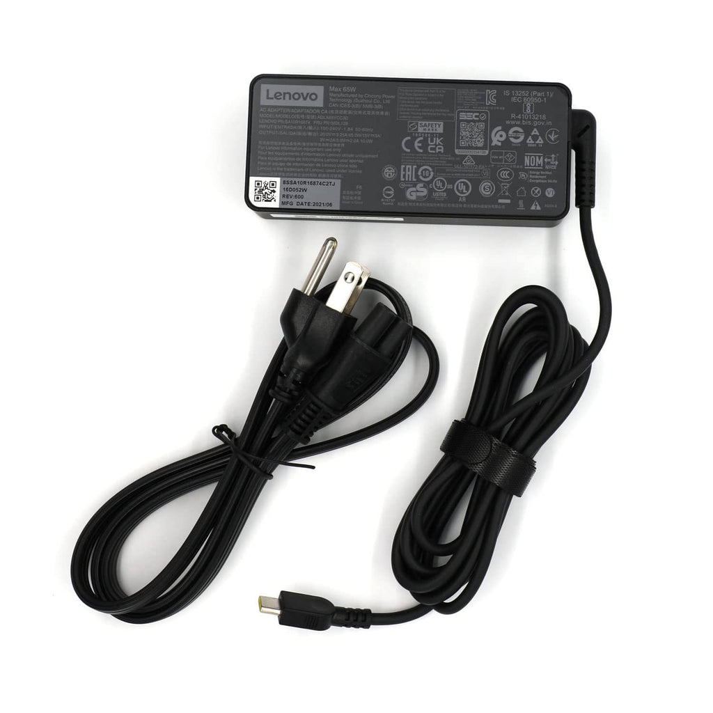 Lenovo-labeled black AC adapter with USB-C cable and two-prong power plug