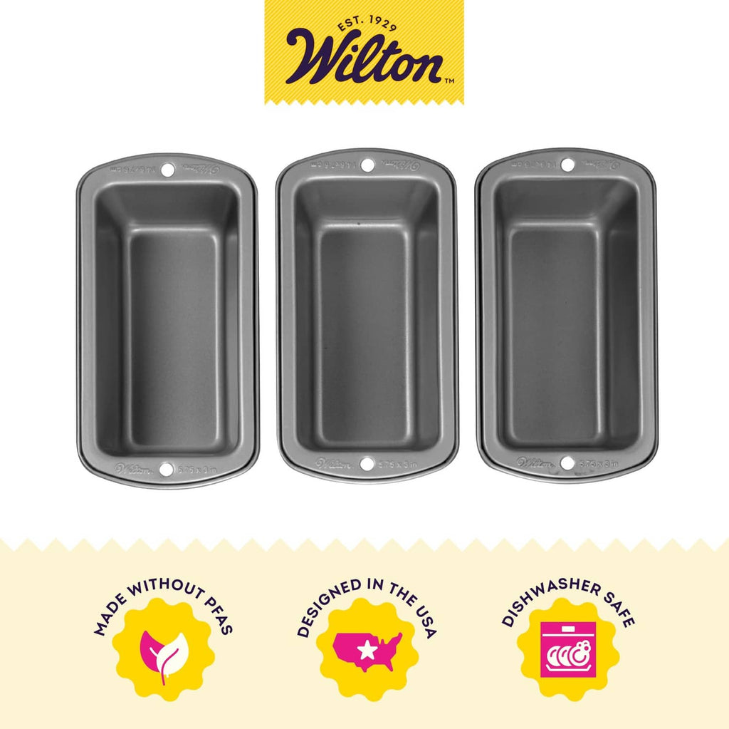 Set of 3 Wilton mini loaf pans, dark gray with smooth non-stick baking surfaces